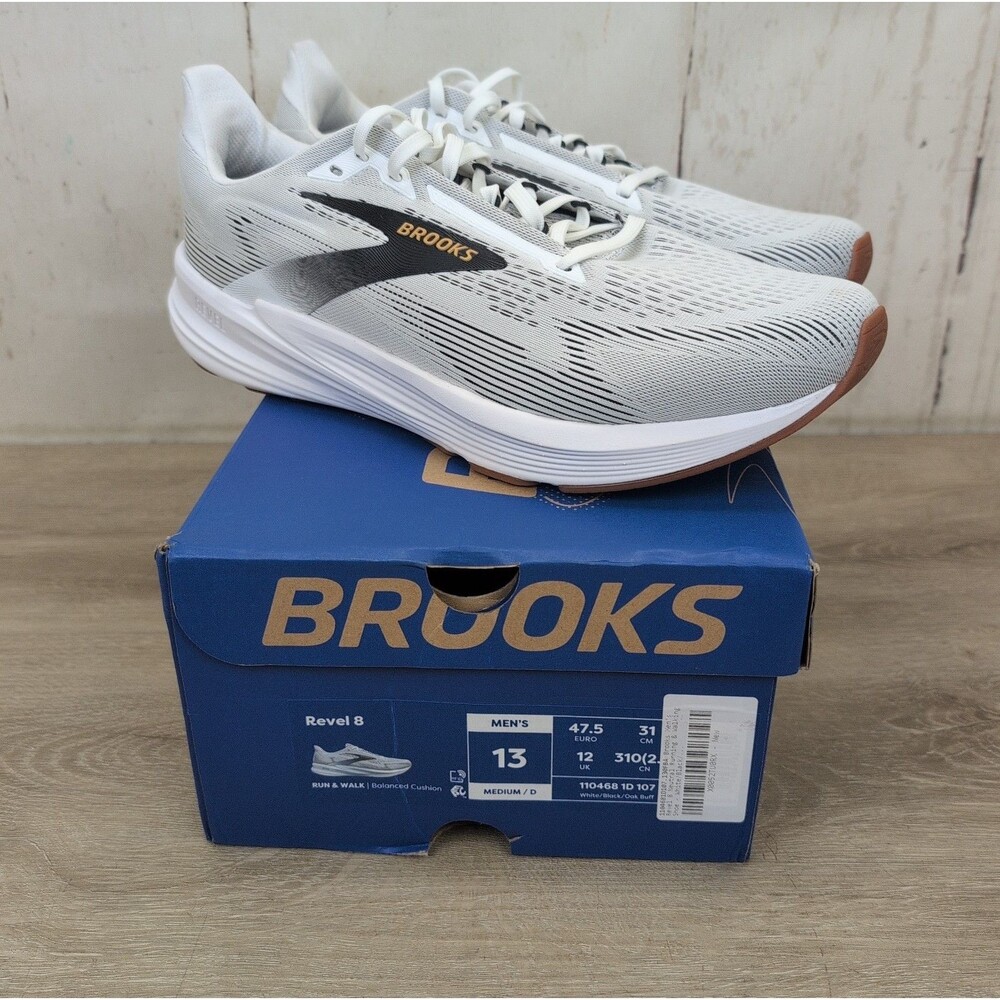 Brooks Men's Revel 8 Running Shoes, White/Black/Oak Buff Size 13 New ** Read**